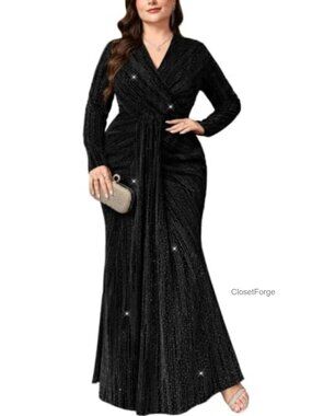 Plus Size Sparkly Evening Dress Long Sleeve V-Neck Ruched Bodycon Mermaid Maxi